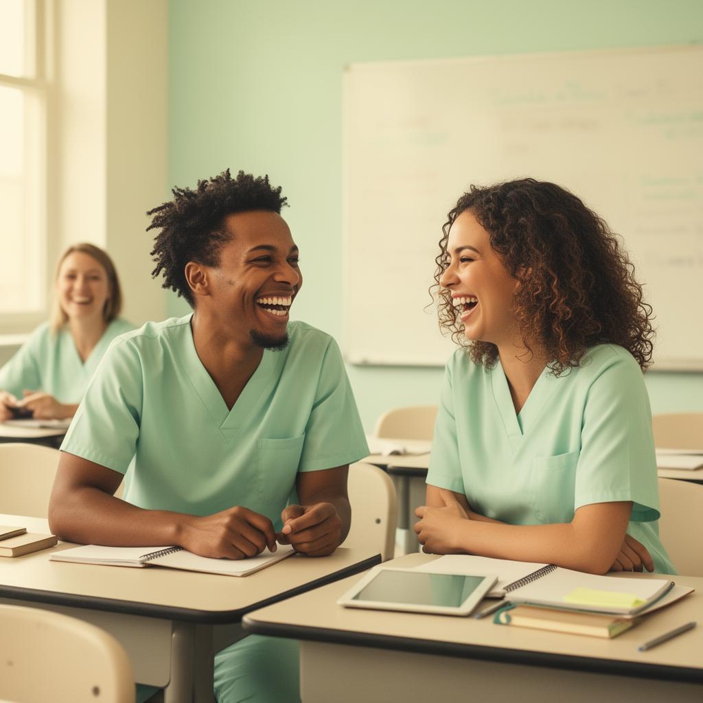 Two caregivers in mint scrubs laughing together during a Clover Academy training class